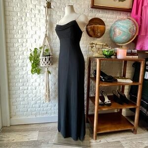 Vintage 90s Y2K Cache Silk Chiffon Cowl Neck Gown + Metallic Flower Jewel Straps